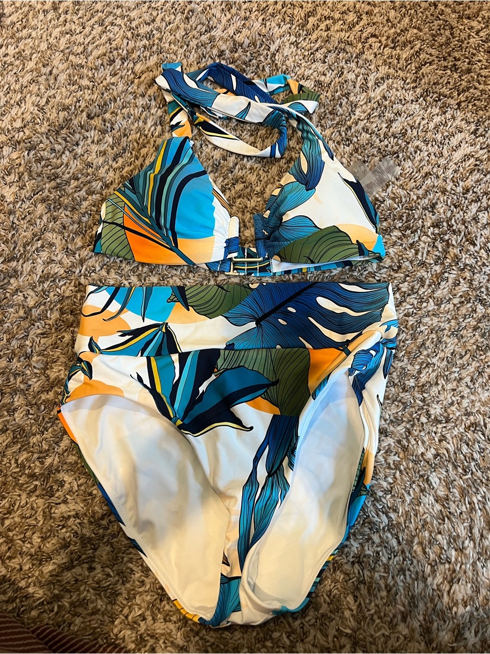 Calia Tropical Print High-Waist Bikini Set in Teal, Navy & Orange